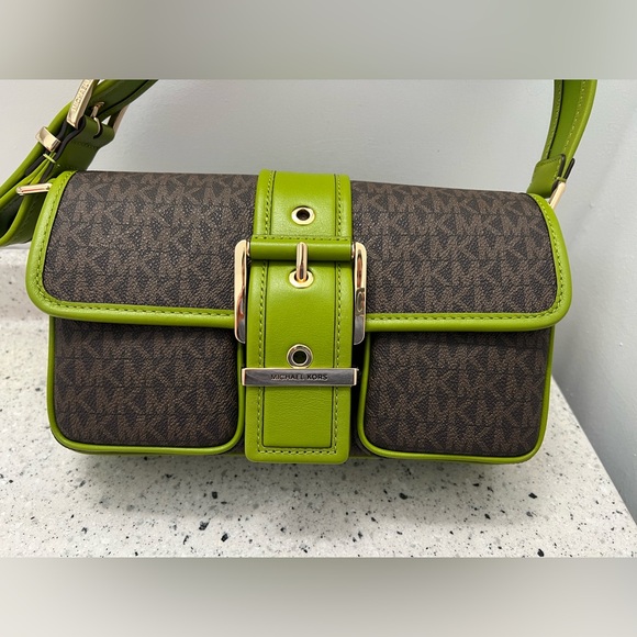 NWOT Michael Kors Brown & Green Monogram Shoulder Bag - Picture 2 of 9